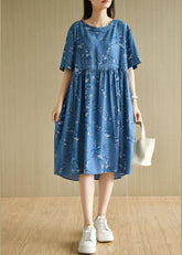 Modern Denim Blue O-Neck Print Cotton Dress Short Sleeve